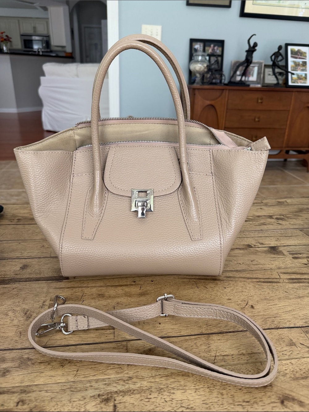 Pulicati Leather Taupe Leather Satchel Handbag with Strap - Women Bags